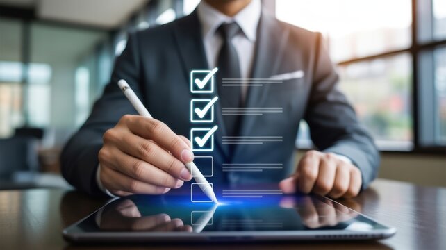 A Professional Business Person Interacting With A Digital Checklist On A Tablet