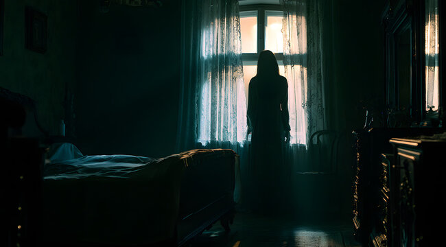By the window in the dark bedroom, a haunting silhouette of a woman stands. Moonlight filters through the lace curtains, casting eerie shadows. An apparition drifts through the old room, with the bed 
