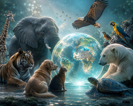 Diverse wild animals gathering around glowing globe in nature.
