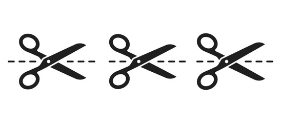 Fototapeta premium Black scissors icon with a dotted cut line isolated on transparent background