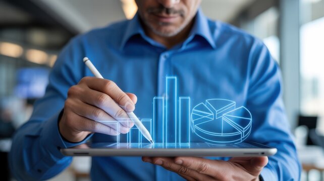 A Professional Businessman Interacting With Holographic Financial Data Charts On A Tablet