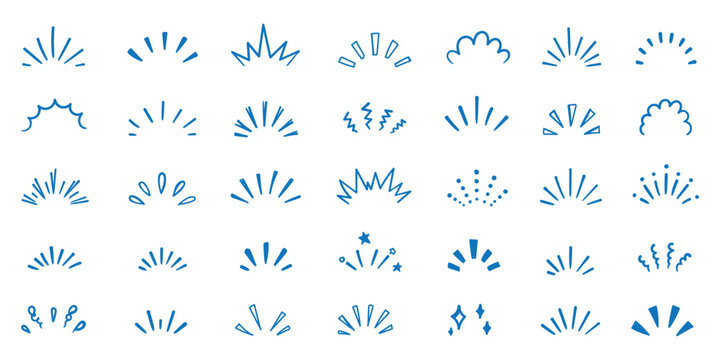doodle line sparkle vector set, comic style decorative lines, burst effects, and dynamic radial patterns. Hand drawn pop surprise line frame for title headline illustration. Doodle sparkle and rays.