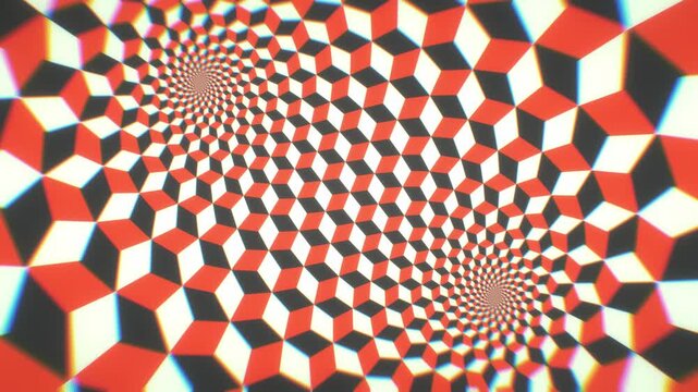 Isometric red cubes spiral through optical illusion vortexes with chromatic aberration in a psychedelic 3D render for dynamic visuals