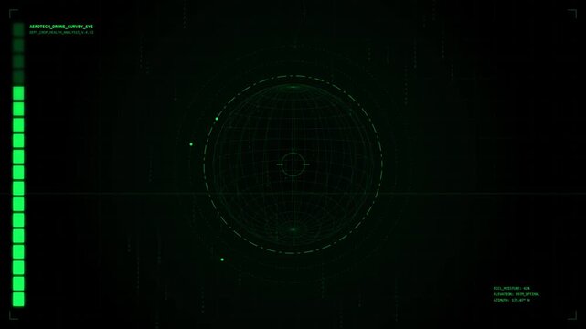Futuristic HUD interface with glowing green data points and digital radar scans in darkness