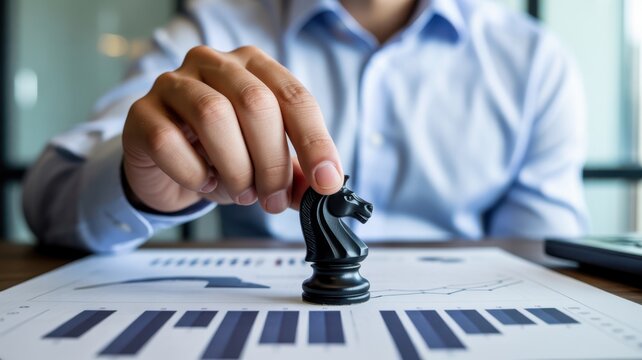 A Professional Business Person Strategically Moving A Black Chess Knight On Paper