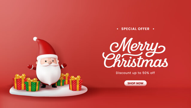 3D Christmas Sale Banner with Santa Claus and Gift Boxes