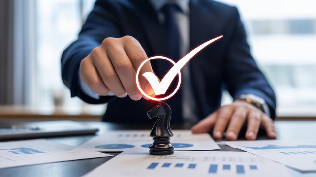A Professional Businessman Placing A Glowing Checkmark Icon Above A Chess Knight