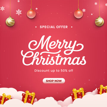 Merry Christmas Special Sale Banner with Ornaments and Gifts