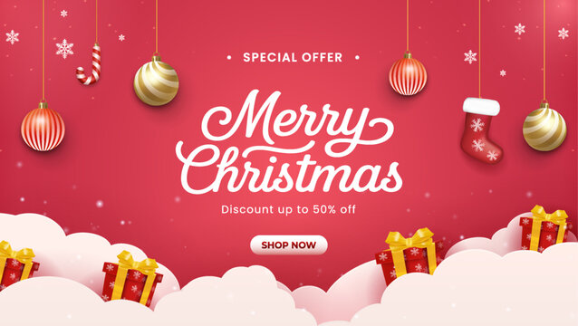 Red Christmas Sale Banner with 3D Gifts and Ornaments