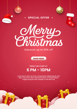 Merry Christmas Sale Poster with Red Background and Ornaments