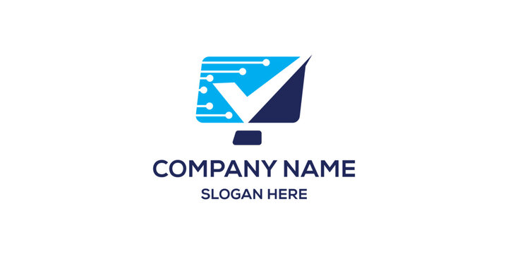 Computer monitor logo with checkmark and circuit data lines.