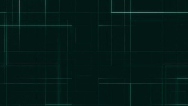 Dark teal abstract background with thin glowing geometric lines and rectangular grid shapes, creating a modern digital technology pattern with copy space