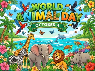 Naklejka premium World animal day celebration banner with cute cartoon wild animals, tropical beach, ocean, palm trees, and colorful flowers in a vibrant jungle landscape
