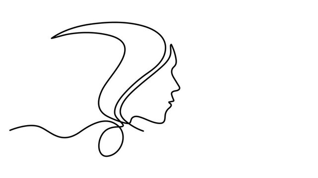 Animated self drawing of continuous line draw head of a man with a question mark. Problems stress illness and depression concept. Full length one line animation. 4K video