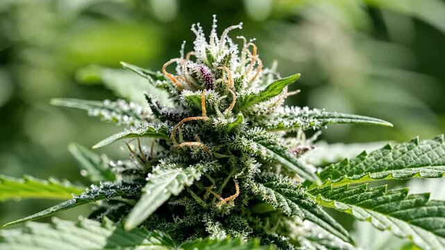 Cannabis bud close up with white trichomes and green leaf detail