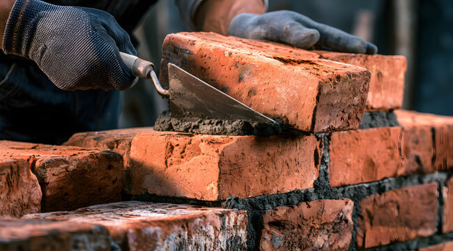 Professional bricklayer is building a strong red brick wall with a trowel and mortar in close-up