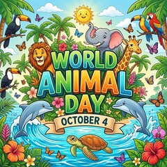 Naklejka premium World animal day celebration poster with cute cartoon animals, tropical jungle, dolphins, and sea turtle, vibrant colorful illustration for october 4th event