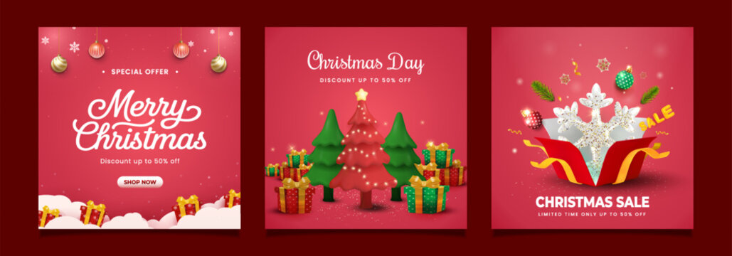 Christmas Sale Social Media Post Template Set 3D Design