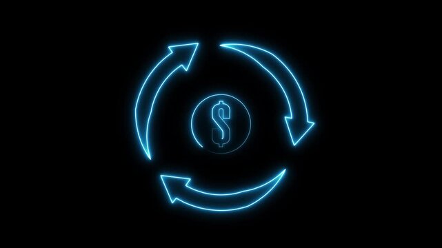 Glowing blue circular arrows around a dollar symbol on a black background, showing money transfer, currency exchange, recycling, and recurring payments
