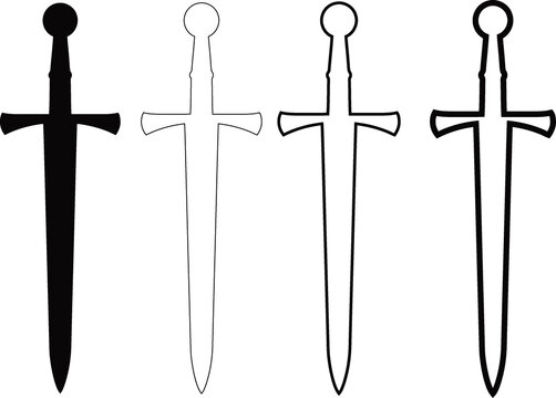 Medieval sword icon set with silhouette and outline styles on white background