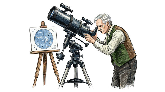 Senior profesor vector using telescope for astronomical research
