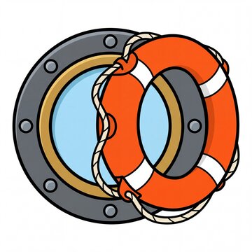 Orange lifebuoy hanging in front of a ship porthole window