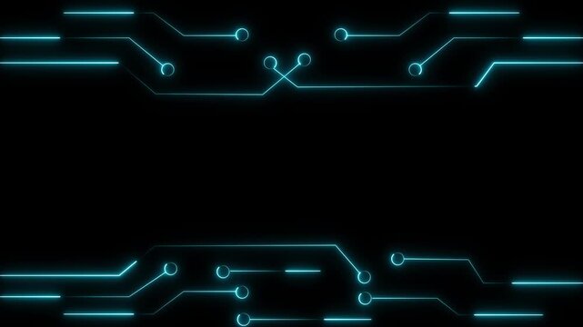 Glowing blue circuit lines and connection points frame a black background with wide copy space for technology, digital network, or futuristic design.