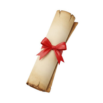 Old parchment paper scroll tied with a red ribbon isolated on white background