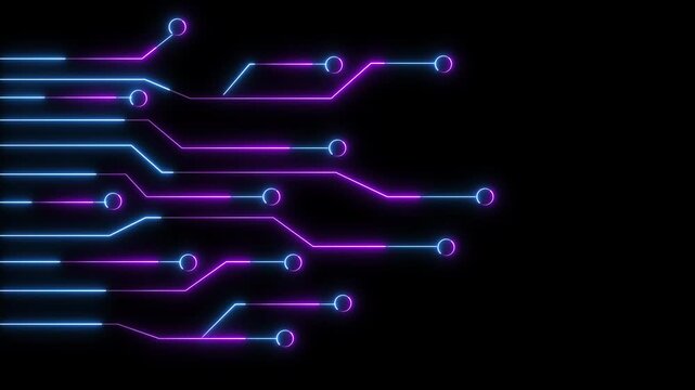 Glowing blue and purple circuit lines on a black background, forming a modern technology network pattern with space for text.