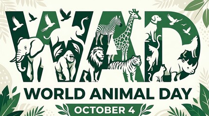 Naklejka premium World animal day typography design with silhouettes of wild and domestic animals, creative green text composition for october 4th celebration
