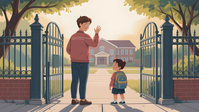 Father waving goodbye to child entering school gates during sunny morning educational concept