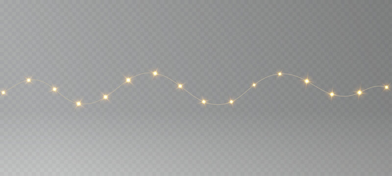 Shimmering gold string lights with tiny illuminated bulbs and soft warm radiance on transparent background.