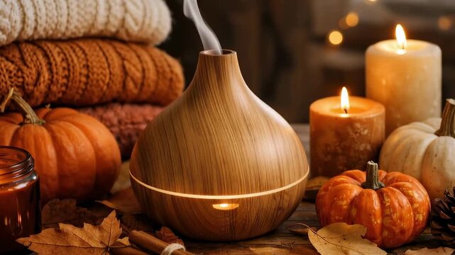 Autumn wellness scene with a wooden essential oil diffuser steaming among lit candles, small pumpkins, knit blankets and rustic seasonal decor.
