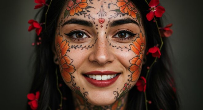 Close portrait of a smiling woman with intricate floral face tattoos and red flowers against a dark background