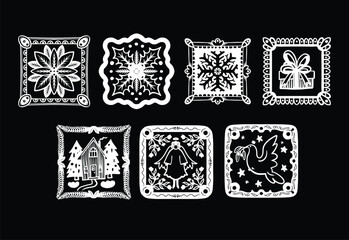 Naklejka premium Christmas Isolated Folk Tiles with Dove Angel Poinsettia Snowflake House Gift Holiday Frames