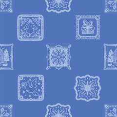 Naklejka premium Christmas Seamless Folk Tile Pattern with Decorative Frames Dove Angel Snowflake Gift Motifs