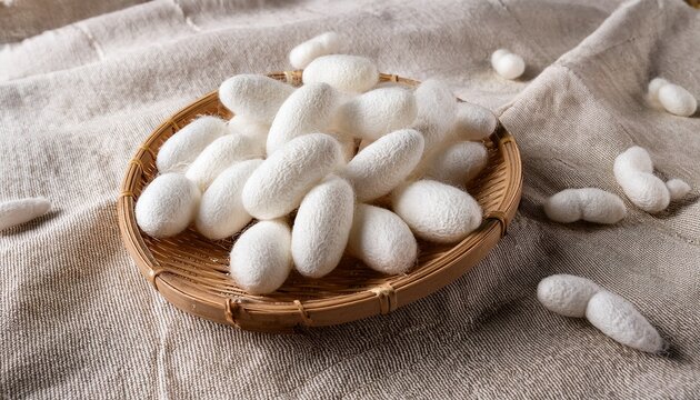 Natural White Silkworm Cocoons Resting On Soft Textured Linen Fabric Surface