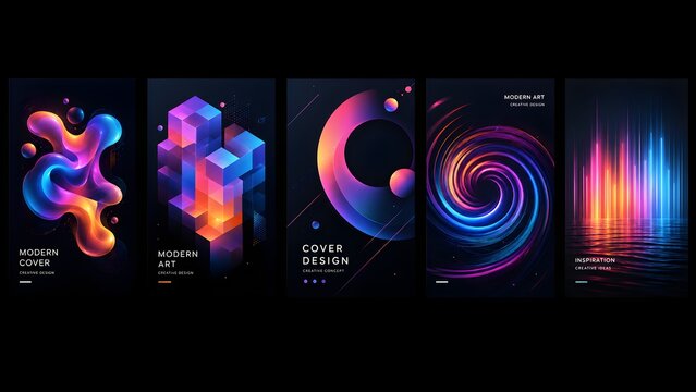 Collection of gradient abstract vertical banners and posters with futuristic geometric shapes