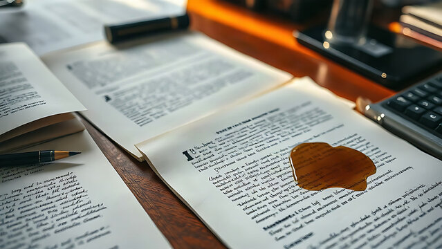 Wooden desk with manuscript pages covered in handwritten edits.