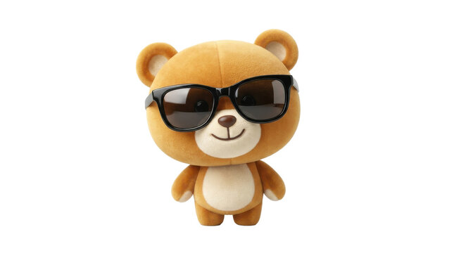 Plush brown teddy bear toy wearing black sunglasses isolated against white background captured in studio portrait photography style