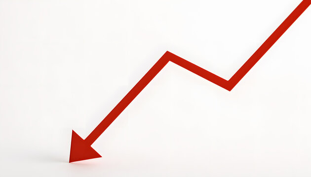 A minimalist business diagram featuring a bold red arrow descending sharply on a white background, a straightforward red line chart, illustrating modern financial downturn and business risk. Close-up.