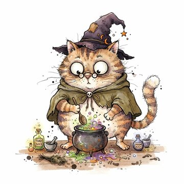 A whimsical wizard cat wearing a pointed hat and spectacles, conjures a bubbling potion in a cauldron, surrounded by magical ingredients.