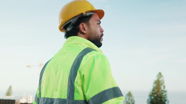 Construction, thinking or man on balcony with ppe, progress plan or mindset in property renovation. Building, space or engineer with review, project perspective or operation reflection in remodeling.
