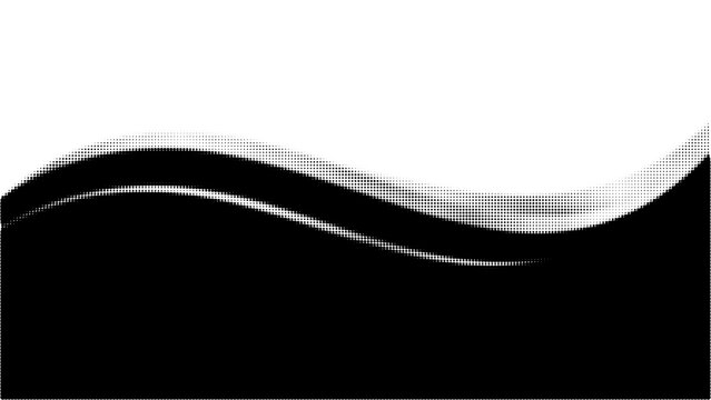Bold monochrome halftone wave background with layered curved bands, dense dotted gradient and flowing movement, abstract graphic design element for posters, banners and print