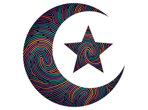 Crescent moon and star symbol featuring vibrant colorful fingerprint texture patterns presented on transparent background