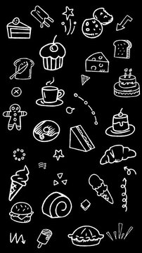 Hand drawn doodle elements of cafe items, bakery, desserts, and sweet treats. Animated seamless loop video background with white and black lines in vertical layout. 