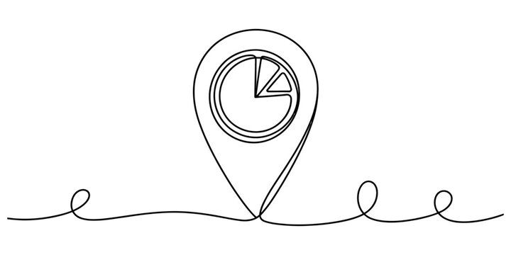 Location pin icon with pie chart inside continuous line art for geographic data analysis and business statistics mapping navigation interface visualization.