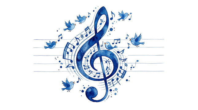 Watercolor blue treble clef surrounded by singing birds and floating musical notes on transparent background