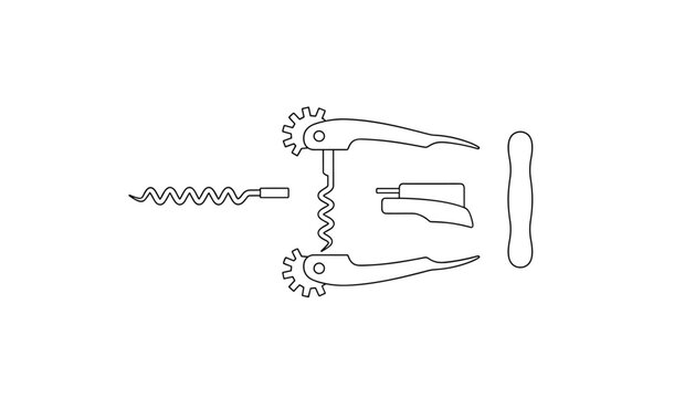 Line art illustration showing the disassembled components of a wing corkscrew wine bottle opener on white background.