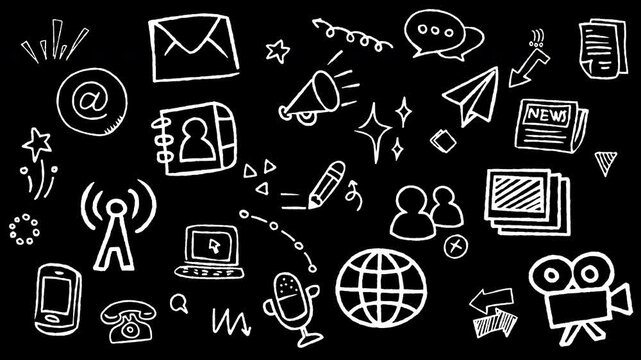 Animated hand drawn doodle graphics of digital technology, computer devices, and media communication icons. Seamless loop video background in black and white. 